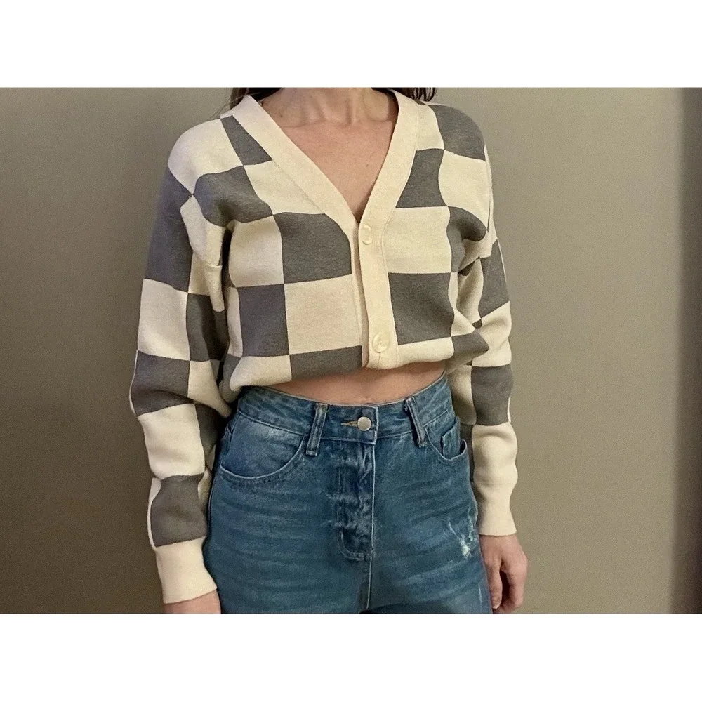 Willow‎ And Wind XS Checkered Cardigan Ivory/grey. Valentine's Girly Slay Crop - Picture 5 of 16